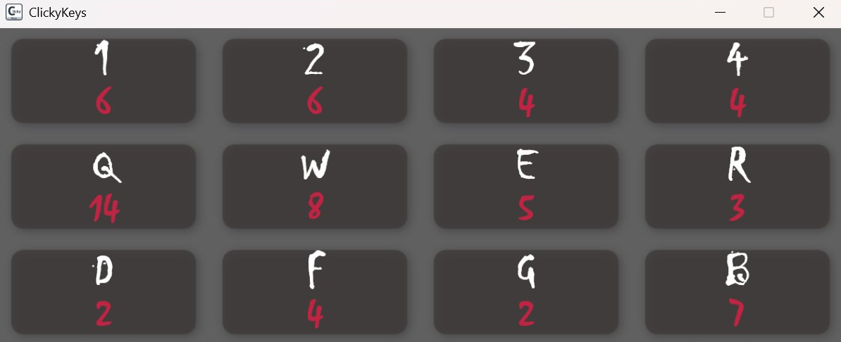 ClickyKeys motyw ciemny – biały i czerwony tekst na ciemnym tle